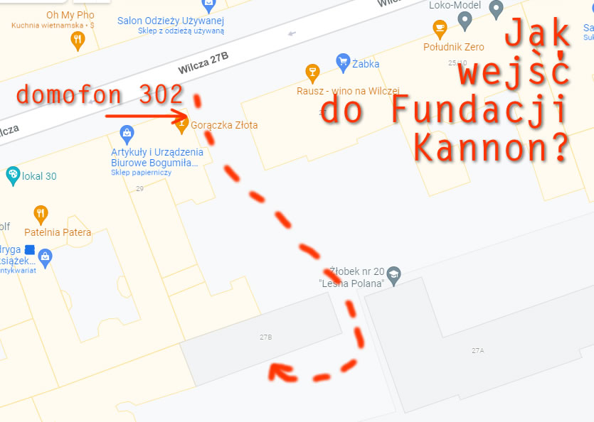 Mapka wejścia do siedziby Fundacji Kannon z Wilczej 27B